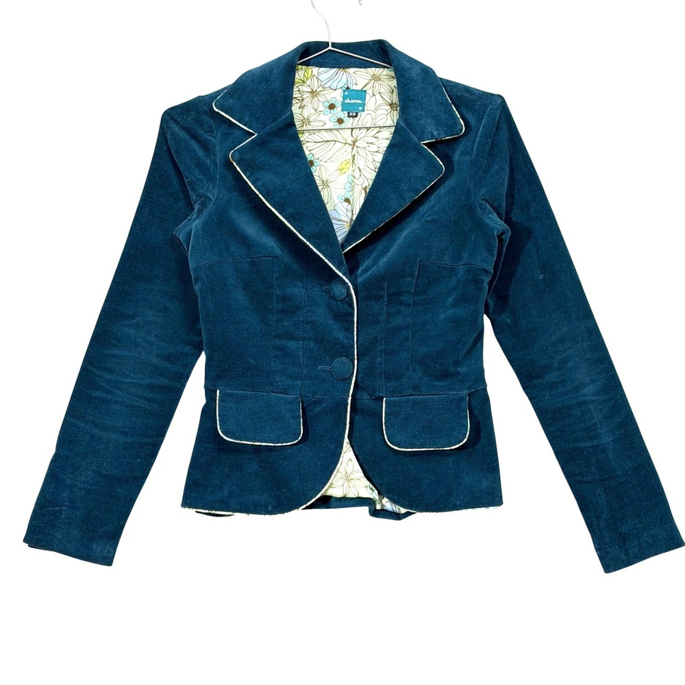 Charm Velvet Blazer Women XS Teal Blue Y2K Retro Floral Lined Tailored Jacket